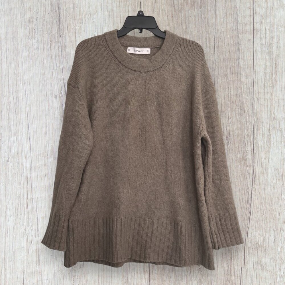 Zara Knit Taupe Olive Oversized Sweater Soft Ribbed Hem Cozy Layer Womens M